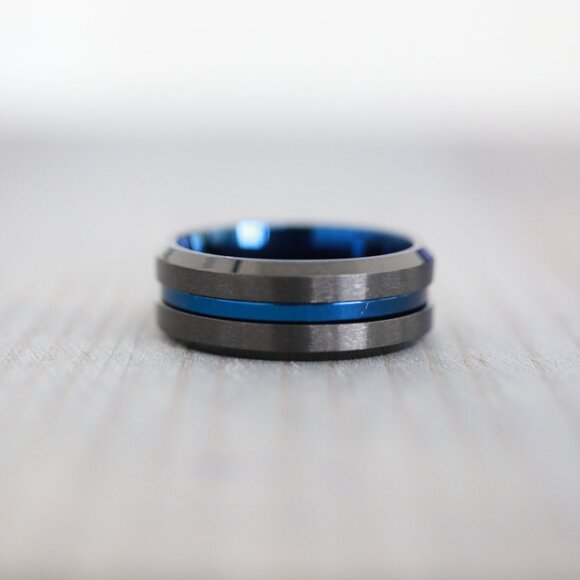 Mens Ring 8mm 2-Tone Metallic Gray/Blue Square Edge Ring Stainless Steel Wedding - Picture 3 of 3